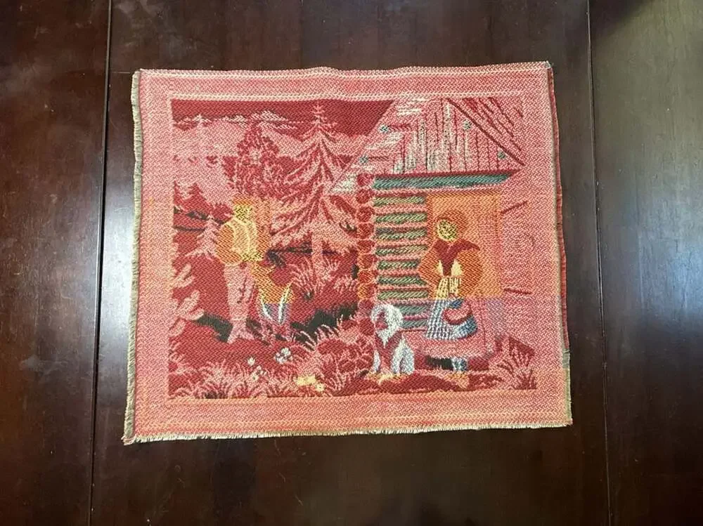 Vintage Gobelin Wall Hanging Tapestry Village Scene with Log Cabin, Dogs